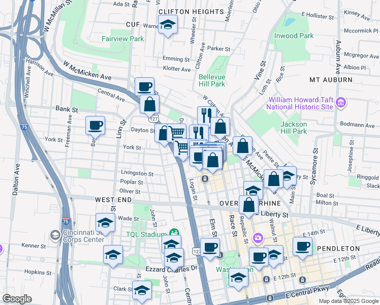 map of restaurants, bars, coffee shops, grocery stores, and more near in Cincinnati