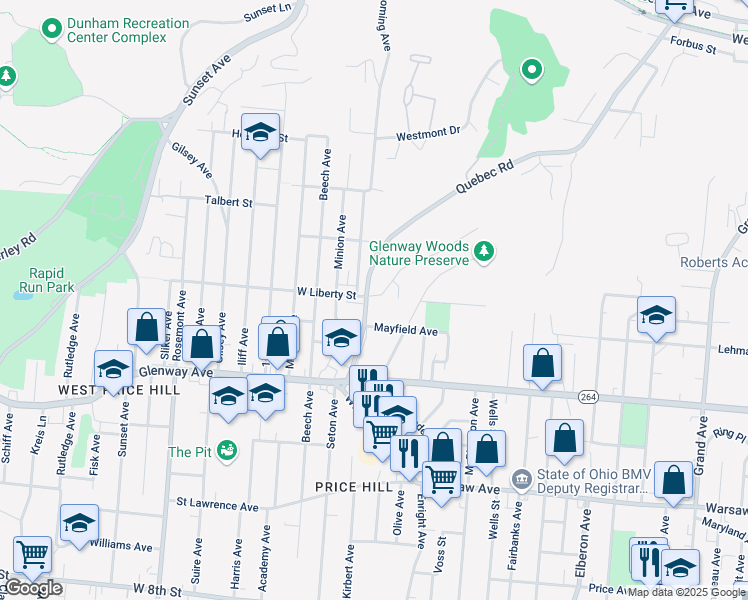 map of restaurants, bars, coffee shops, grocery stores, and more near 1614 Quebec Road in Cincinnati