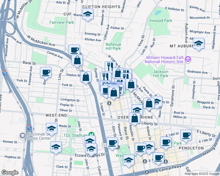 map of restaurants, bars, coffee shops, grocery stores, and more near 1909 Race Street in Cincinnati