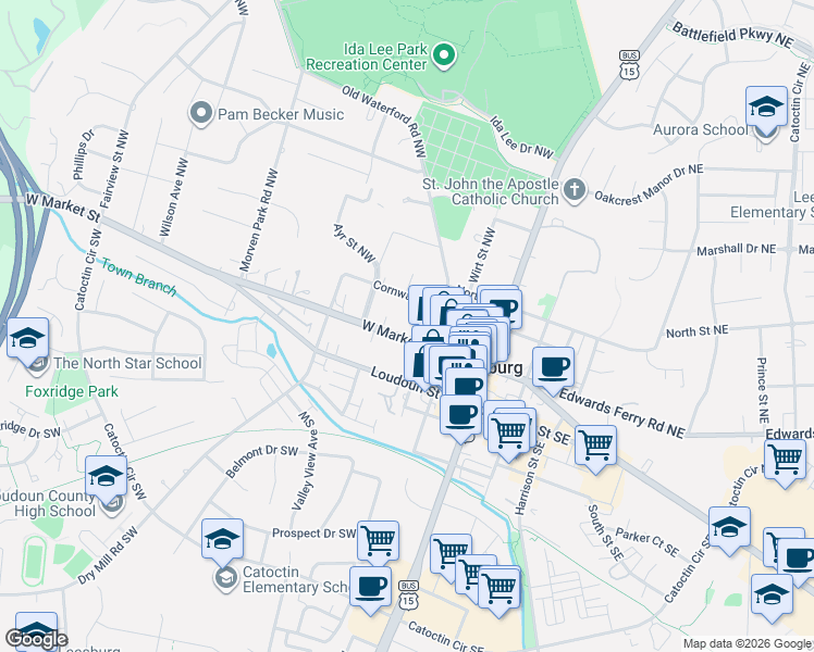 map of restaurants, bars, coffee shops, grocery stores, and more near 208 West Market Street in Leesburg