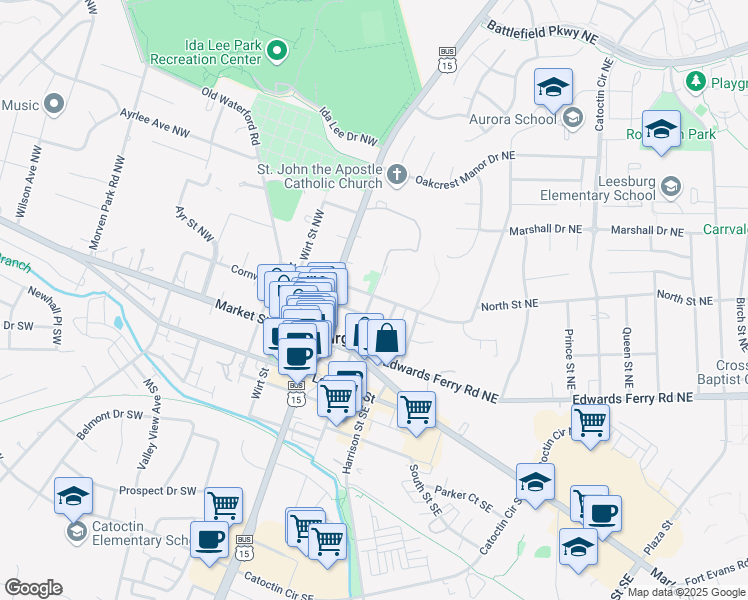 map of restaurants, bars, coffee shops, grocery stores, and more near 112 Church Street Northeast in Leesburg