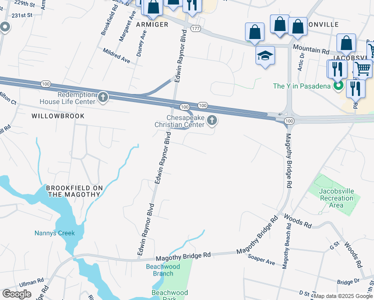map of restaurants, bars, coffee shops, grocery stores, and more near 207 Weston Woods Drive in Pasadena