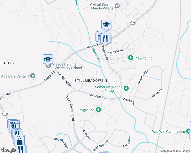 map of restaurants, bars, coffee shops, grocery stores, and more near 8202 Marlton Court in Severn