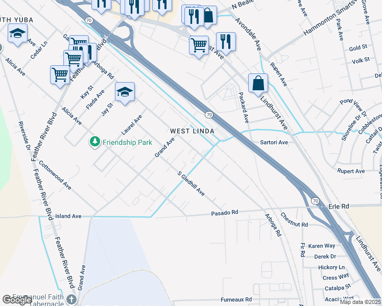 map of restaurants, bars, coffee shops, grocery stores, and more near 5633 Arboga Road in Olivehurst