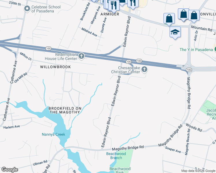 map of restaurants, bars, coffee shops, grocery stores, and more near 8240 Edwin Raynor Boulevard in Pasadena