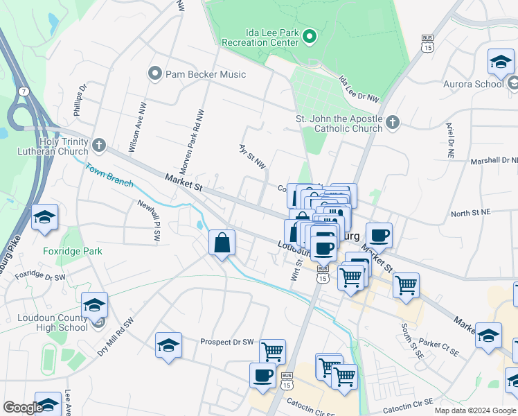 map of restaurants, bars, coffee shops, grocery stores, and more near 1 Memorial Drive Northwest in Leesburg