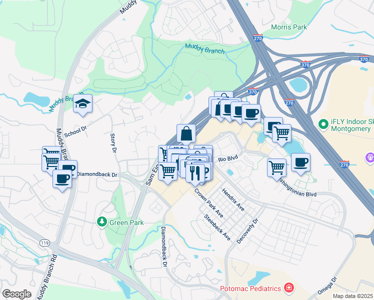 map of restaurants, bars, coffee shops, grocery stores, and more near 10003 Fields Road in Gaithersburg