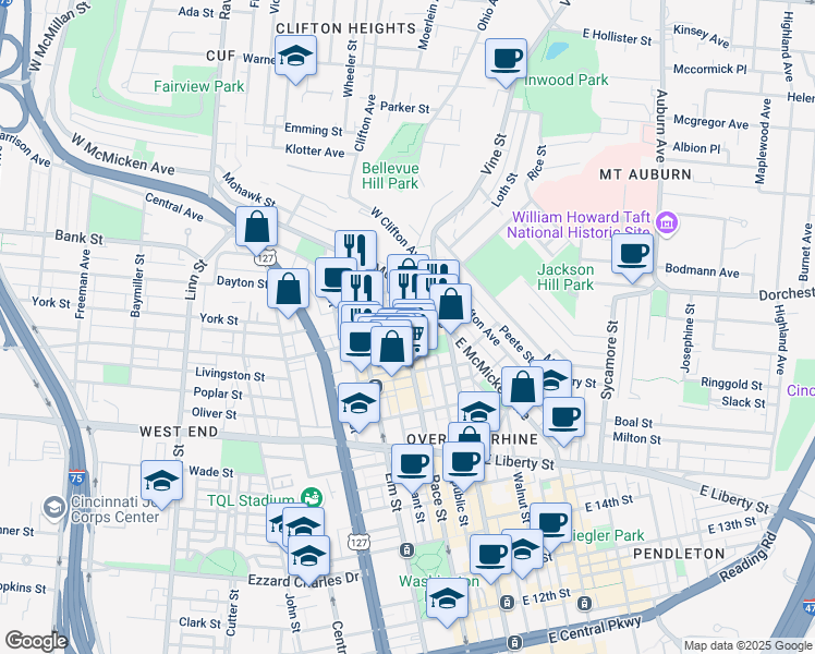 map of restaurants, bars, coffee shops, grocery stores, and more near 1900 Race Street in Cincinnati