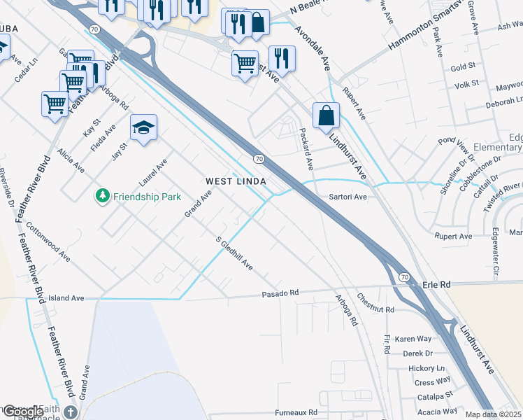 map of restaurants, bars, coffee shops, grocery stores, and more near 5609 Arboga Road in Olivehurst