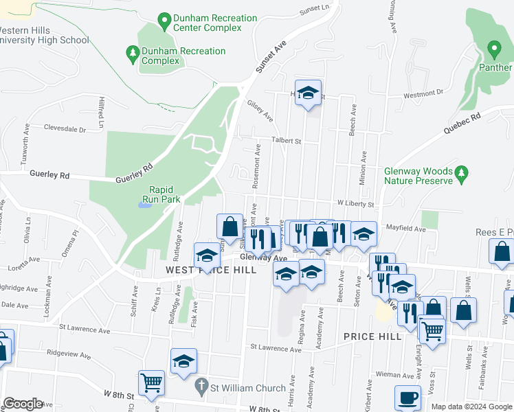 map of restaurants, bars, coffee shops, grocery stores, and more near 1275 Dewey Avenue in Cincinnati