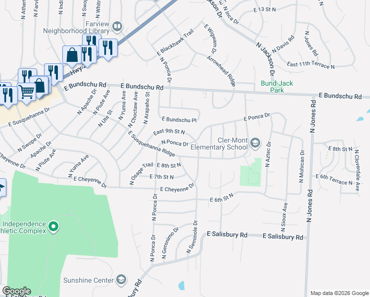 map of restaurants, bars, coffee shops, grocery stores, and more near 835 North Ponca Drive in Independence