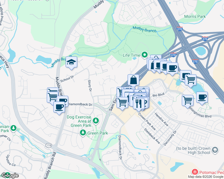map of restaurants, bars, coffee shops, grocery stores, and more near 6 Norwich Court in Gaithersburg
