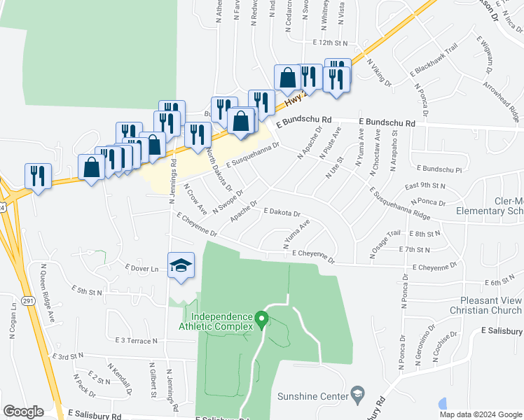 map of restaurants, bars, coffee shops, grocery stores, and more near North Dakota Drive in Independence