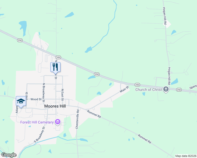 map of restaurants, bars, coffee shops, grocery stores, and more near 16765 Rebecca Court in Moores Hill