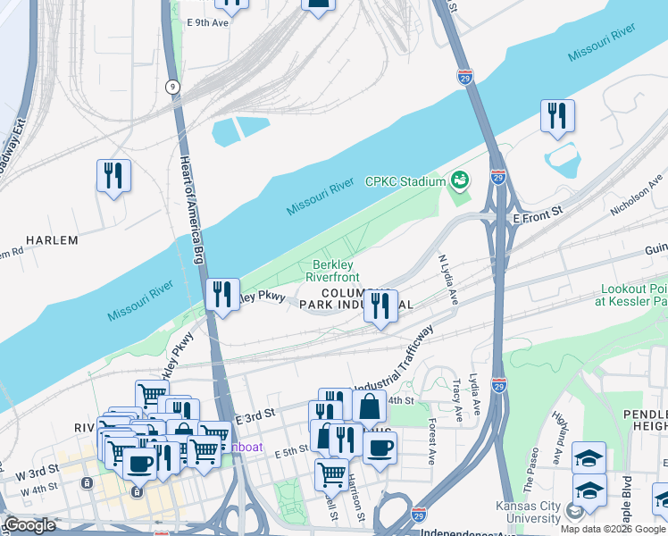 map of restaurants, bars, coffee shops, grocery stores, and more near 1098 River Front Drive in Kansas City