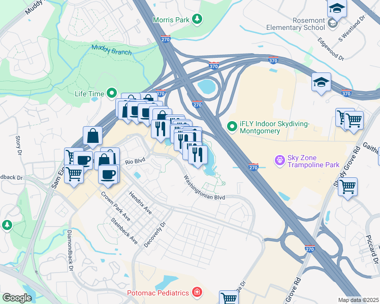 map of restaurants, bars, coffee shops, grocery stores, and more near 204 Boardwalk Place in Gaithersburg