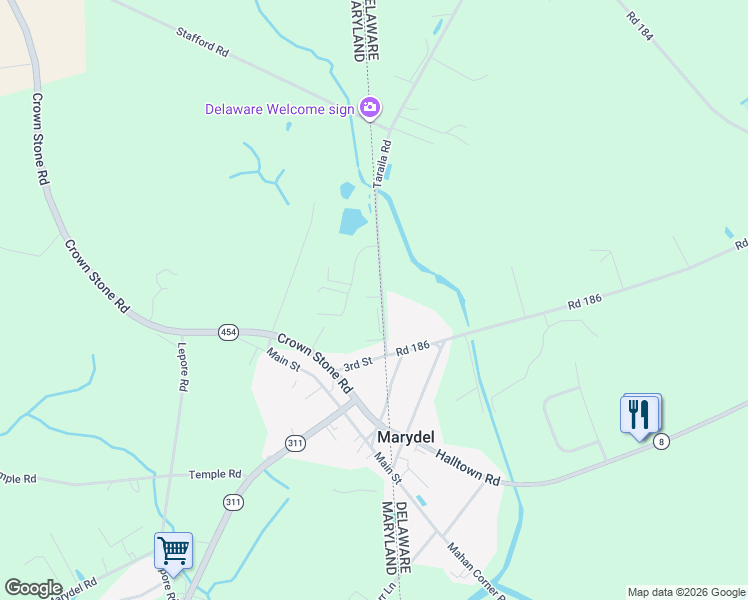 map of restaurants, bars, coffee shops, grocery stores, and more near 18582 Road 185 in Marydel