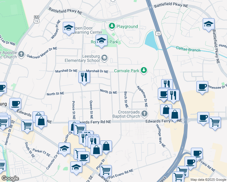 map of restaurants, bars, coffee shops, grocery stores, and more near 202 Mayfair Drive Northeast in Leesburg