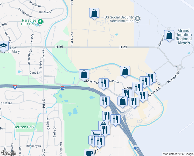 map of restaurants, bars, coffee shops, grocery stores, and more near 2748 Crossroads Boulevard in Grand Junction