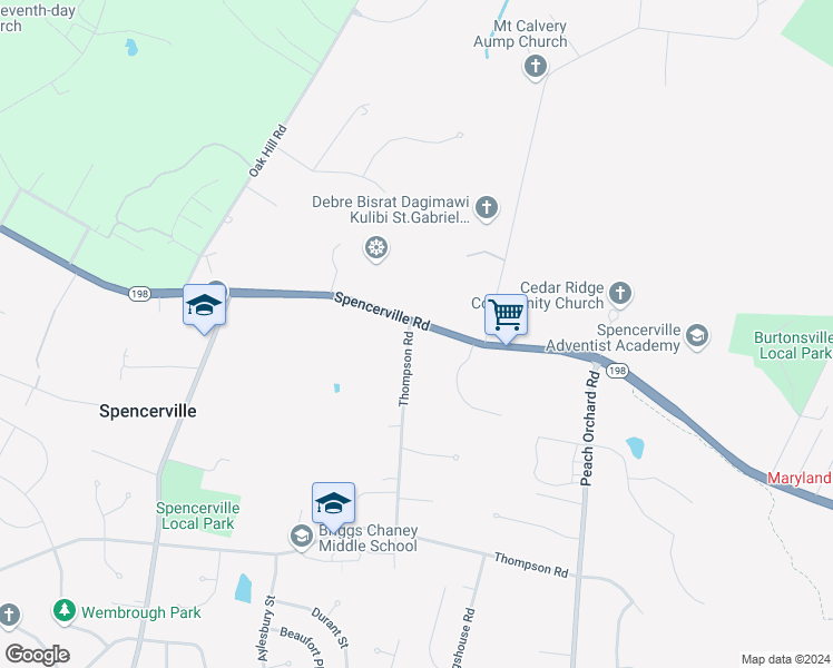 map of restaurants, bars, coffee shops, grocery stores, and more near 15823 Thompson Road in Silver Spring