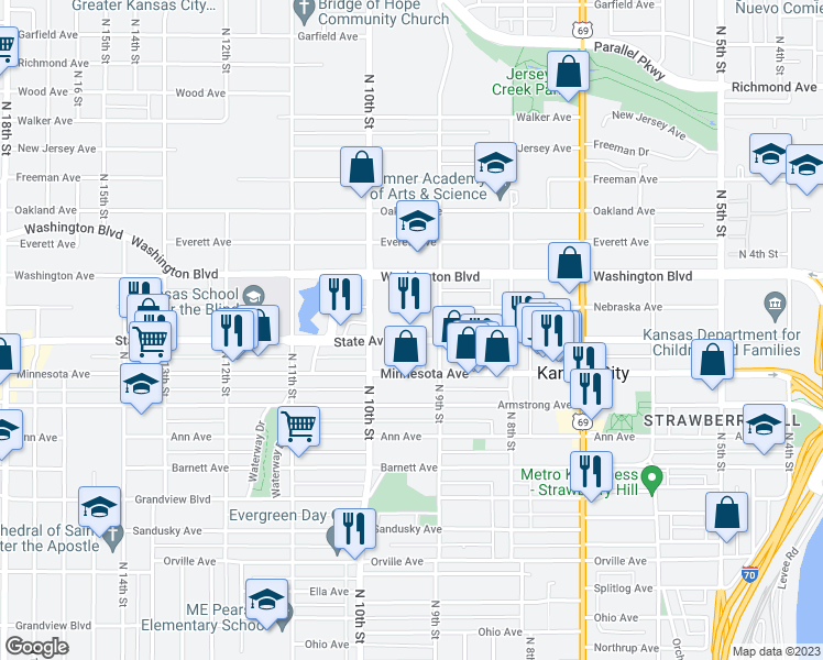 map of restaurants, bars, coffee shops, grocery stores, and more near 920 State Avenue in Kansas City