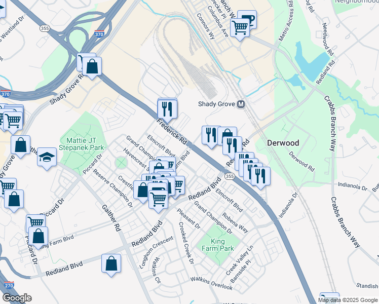 map of restaurants, bars, coffee shops, grocery stores, and more near 100 King Farm Boulevard in Rockville