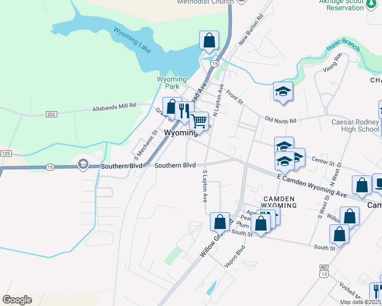 map of restaurants, bars, coffee shops, grocery stores, and more near 115 Pine St in Wyoming