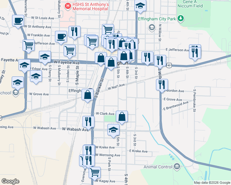 map of restaurants, bars, coffee shops, grocery stores, and more near 605 S 5th St in Effingham