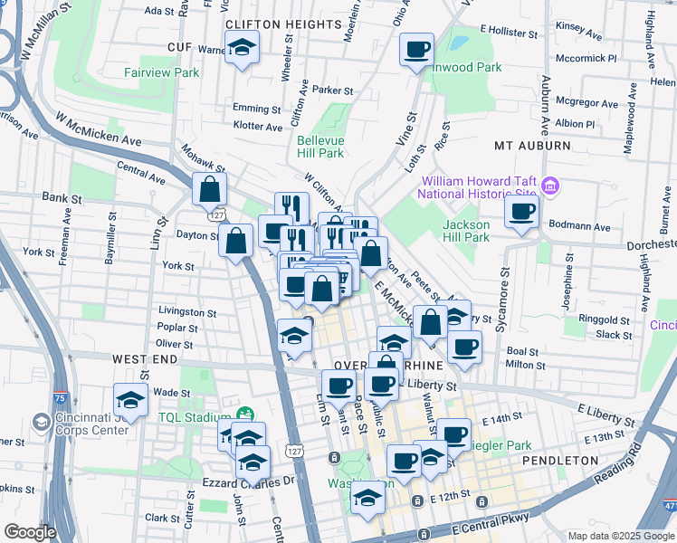 map of restaurants, bars, coffee shops, grocery stores, and more near 1909 Race Street in Cincinnati
