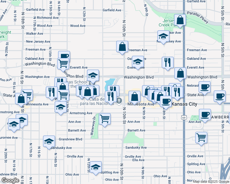 map of restaurants, bars, coffee shops, grocery stores, and more near 1030 State Avenue in Kansas City