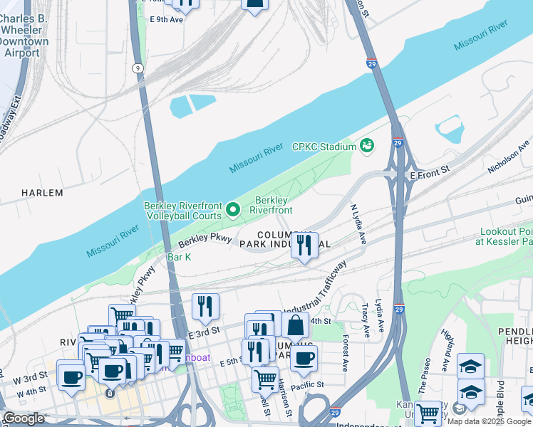 map of restaurants, bars, coffee shops, grocery stores, and more near 900 River Front Drive in Kansas City