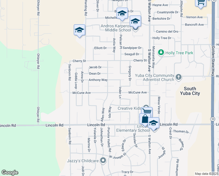 map of restaurants, bars, coffee shops, grocery stores, and more near 1848 Nelda Court in Yuba City
