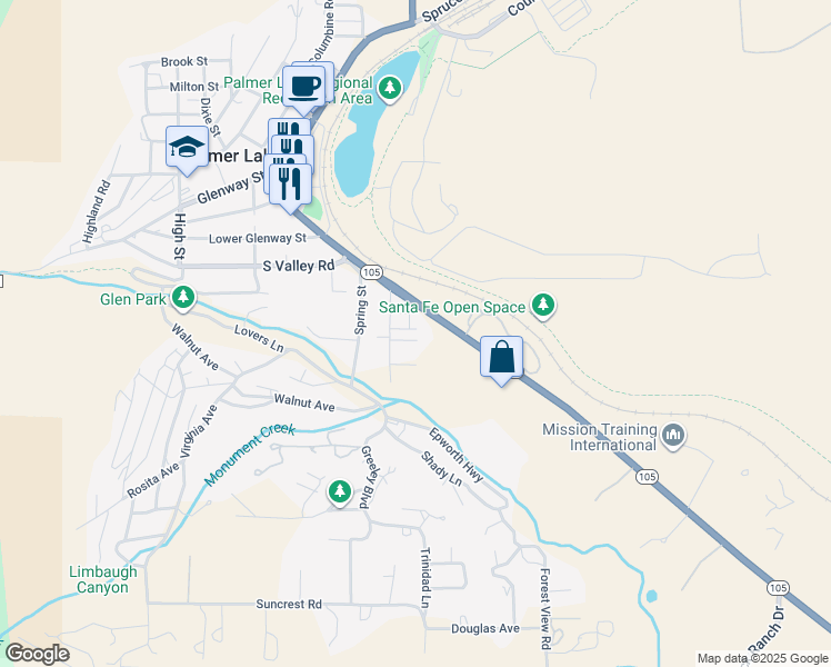 map of restaurants, bars, coffee shops, grocery stores, and more near 38 Vale Circle in Palmer Lake