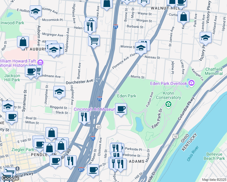 map of restaurants, bars, coffee shops, grocery stores, and more near 655 Eden Park Drive in Cincinnati