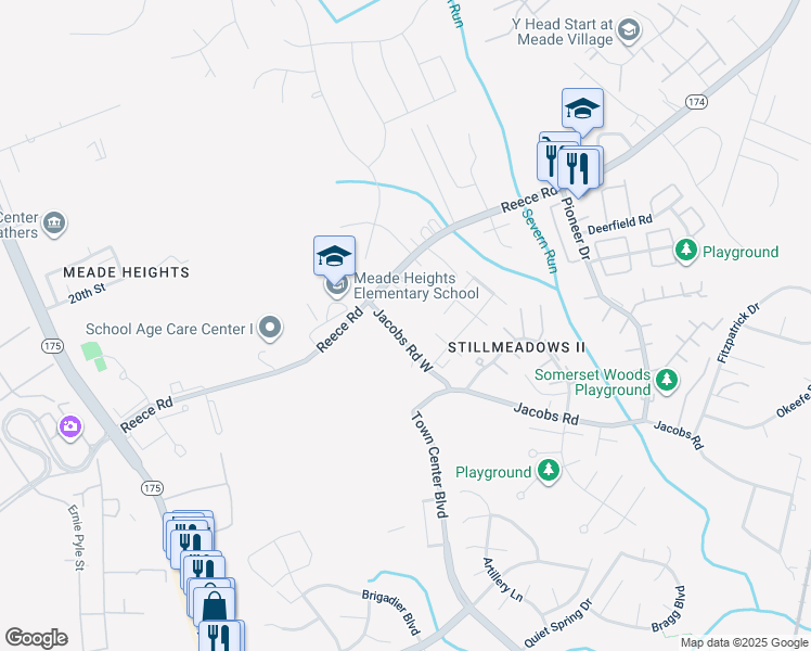 map of restaurants, bars, coffee shops, grocery stores, and more near 8311 Jacobs Road West in Severn
