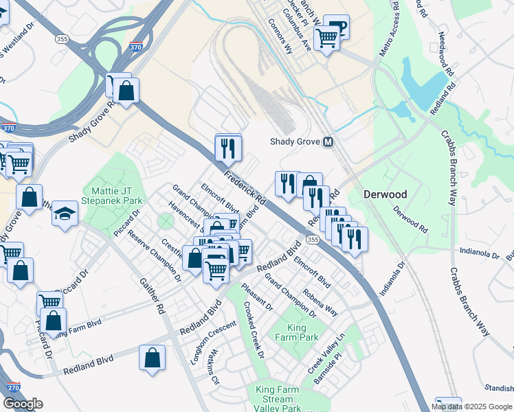 map of restaurants, bars, coffee shops, grocery stores, and more near 77 King Farm Boulevard in Rockville