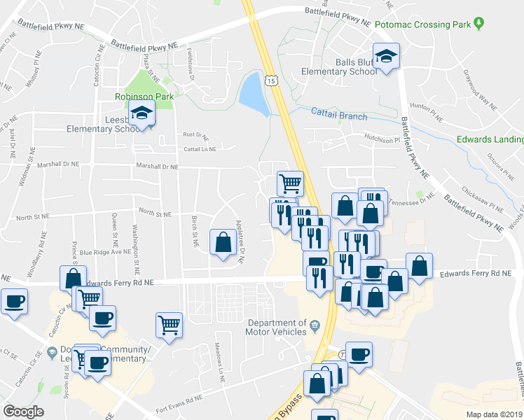 map of restaurants, bars, coffee shops, grocery stores, and more near 1015 Clymer Court Northeast in Leesburg