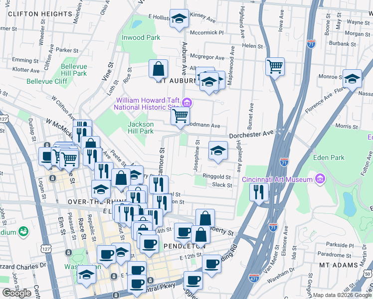 map of restaurants, bars, coffee shops, grocery stores, and more near 6 Park Place in Cincinnati