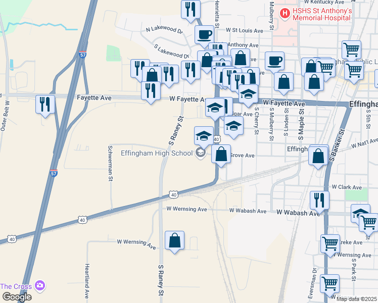 map of restaurants, bars, coffee shops, grocery stores, and more near 1301 West Grove Avenue in Effingham
