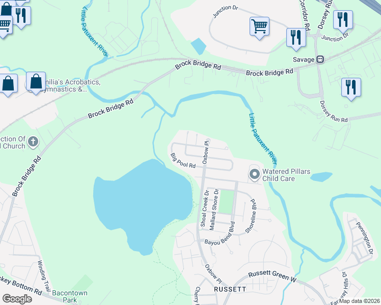 map of restaurants, bars, coffee shops, grocery stores, and more near 8015 Moss Bank Drive in Laurel