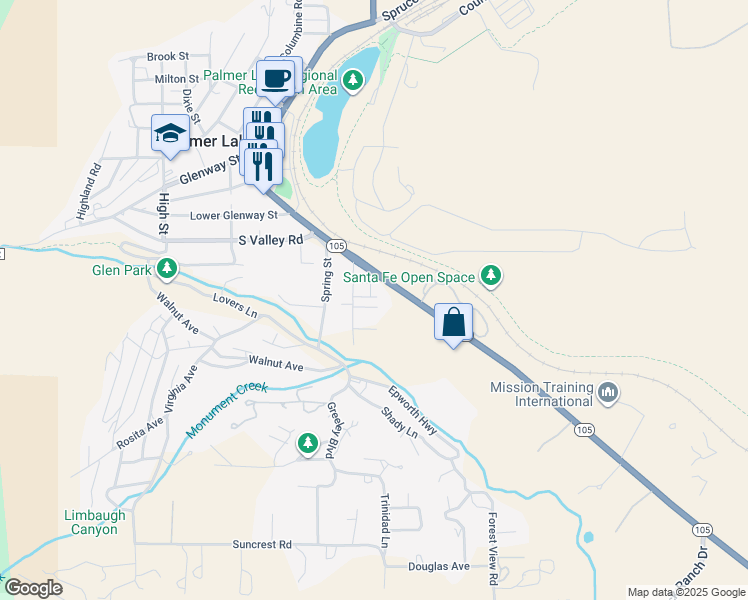 map of restaurants, bars, coffee shops, grocery stores, and more near 38 Vale Circle in Palmer Lake