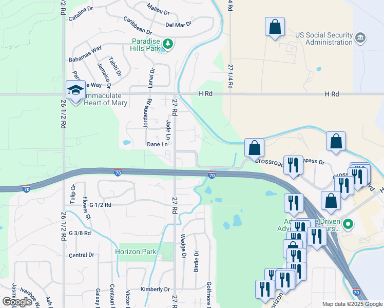 map of restaurants, bars, coffee shops, grocery stores, and more near 2703 Crossroads Boulevard in Grand Junction