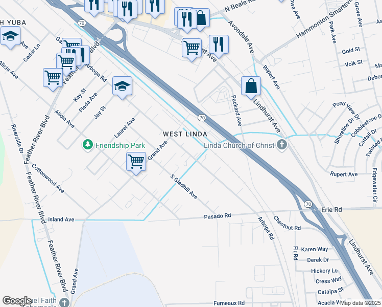map of restaurants, bars, coffee shops, grocery stores, and more near 5609 Arboga Road in Olivehurst