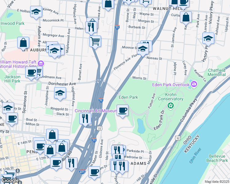 map of restaurants, bars, coffee shops, grocery stores, and more near 655 Eden Park Drive in Cincinnati