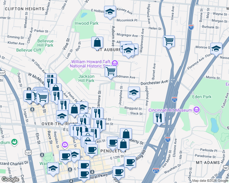 map of restaurants, bars, coffee shops, grocery stores, and more near 6 Park Place in Cincinnati