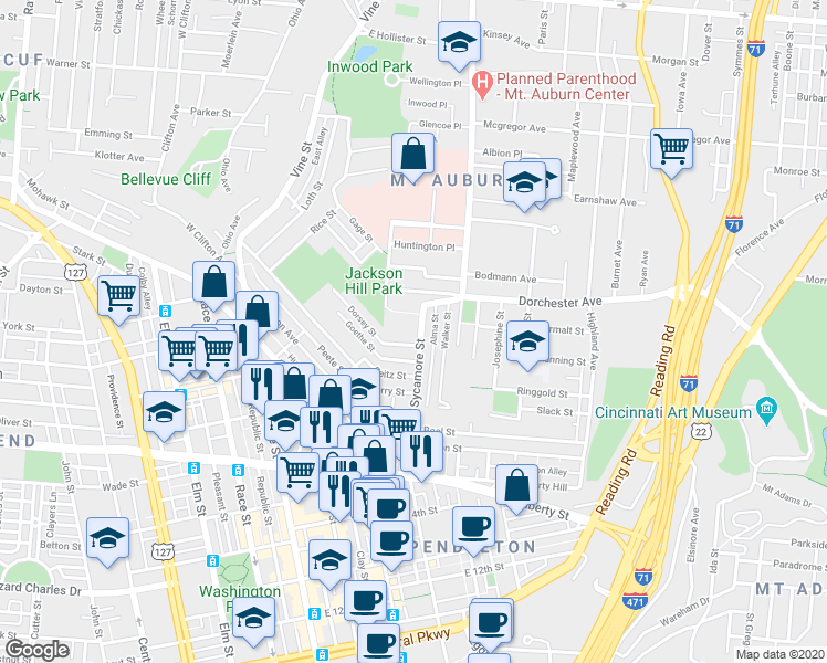 map of restaurants, bars, coffee shops, grocery stores, and more near 1800 Sycamore Street in Cincinnati