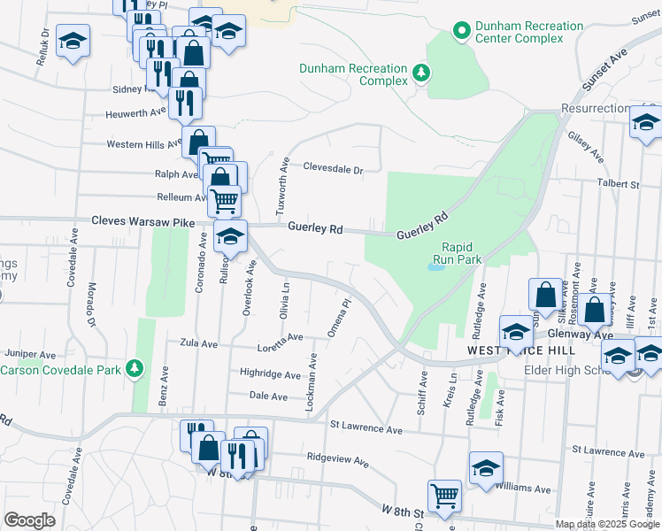 map of restaurants, bars, coffee shops, grocery stores, and more near 1235 Parkside Court in Cincinnati