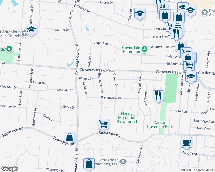 map of restaurants, bars, coffee shops, grocery stores, and more near 1149 Jennie Lane in Cincinnati