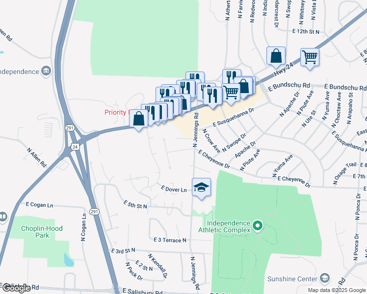 map of restaurants, bars, coffee shops, grocery stores, and more near 17100 East Cheyenne Drive in Independence