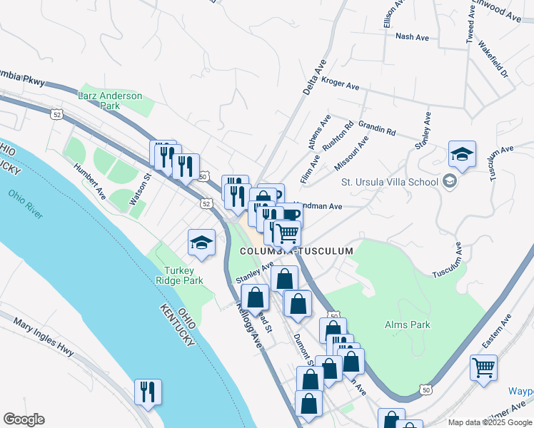 map of restaurants, bars, coffee shops, grocery stores, and more near 3528 Columbia Parkway in Cincinnati